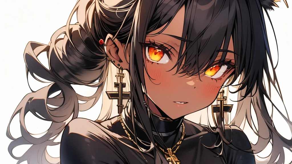 ((Best Quality, Masterpiece, perfect anatomy, detailed picture)), furry, 1woman, pantera, two tone skin, black body, gray fur, sexy, long white hair, ponytail hair, fluffy feline tail, yellow sclera, tribal tattoo, earrings, red blush, shy, in the ruins, portrait, illustration, gold necklace add_detail:1 ,gold bracelet add_detail:1