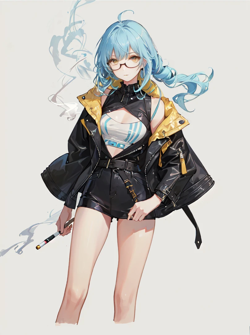 A cool girl with a confident and stylish appearance, showcasing a modern, urban look.

Glasses: Trendy glasses that complement her sharp features and expressive eyes.

Outfit:

Jacket: A fashionable leather jacket with intricate smoke patterns that blend seamlessly with yellow accents. The jacket has a sleek, tailored fit.
Top: A yellow top that contrasts with the smoky details of the jacket.
Accessories:

Cigarette: She holds a cigarette in a relaxed, nonchalant manner, with wisps of smoke curling around her.
Hairstyle: Her hair is styled in a contemporary fashion, enhancing her cool demeanor.
