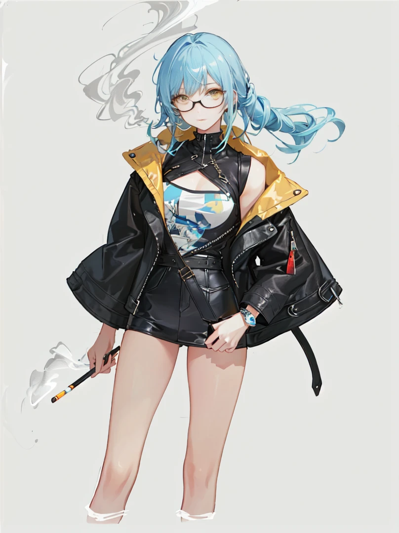 A cool girl with a confident and stylish appearance, showcasing a modern, urban look.
Glasses: Trendy glasses that complement her sharp features and expressive eyes.
Outfit:
Jacket: A fashionable leather jacket with intricate smoke patterns that blend seamlessly with yellow accents. The jacket has a sleek, tailored fit.
Top: A yellow top that contrasts with the smoky details of the jacket.
Accessories:
Cigarette: She holds a cigarette in a relaxed, nonchalant manner, with wisps of smoke curling around her.
Hairstyle: Her hair is styled in a contemporary fashion, enhancing her cool demeanor.