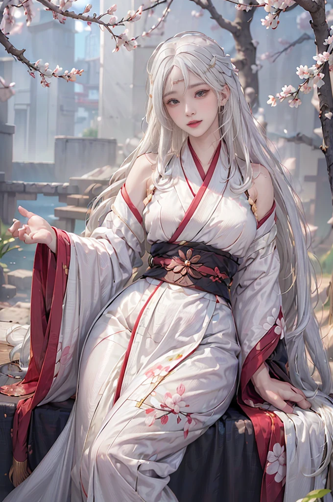 ((Hairstyled white hair:1.5))(Japan kimono with cherry blossom pattern:1.3), Symmetric, (highest quality, Photorealistic:1.4, Raw photo:1.2, Cinematic light, Highly detailed illustration), (1woman:1.3, alone), (Asian Girl, Very delicate face, Super beautiful face, Very delicate eyes, Ultra detailed nose, Very sophisticated mouth, Highly detailed facial features), woman, (Medium Bust:1.3), skin, Lip gloss, Laughter, Full Body View, High resolution, High resolution, 8k, Masterpiece 2:1, Skin Radiance, Glowing Skin, Young girl,（ Kyoto、Falling cherry blossoms）、off shoulder, shoulder blades、kimono