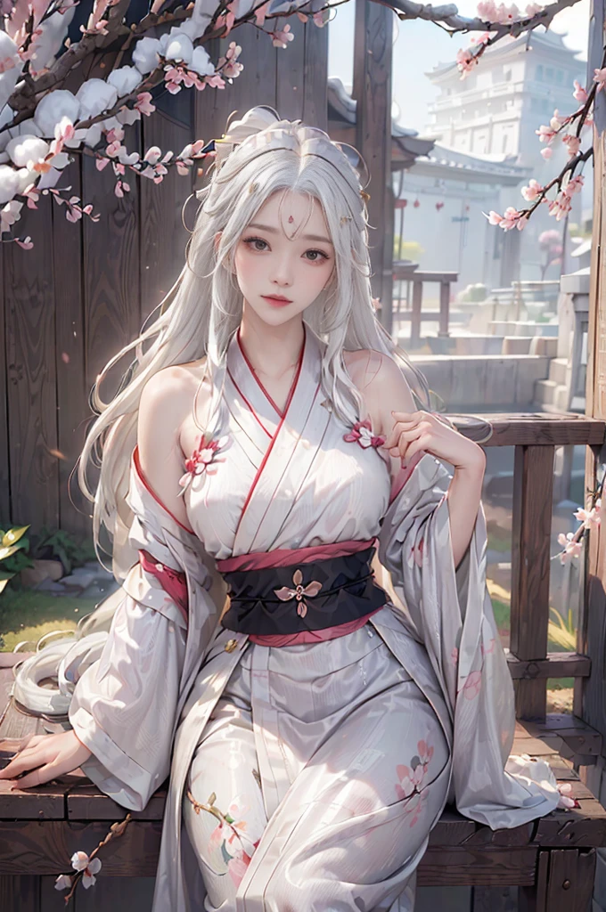 ((Hairstyled white hair:1.5))(Japan kimono with cherry blossom pattern:1.3), Symmetric, (highest quality, Photorealistic:1.4, Raw photo:1.2, Cinematic light, Highly detailed illustration), (1woman:1.3, alone), (Asian Girl, Very delicate face, Super beautiful face, Very delicate eyes, Ultra detailed nose, Very sophisticated mouth, Highly detailed facial features), woman, (Medium Bust:1.3), skin, Lip gloss, Laughter, Full Body View, High resolution, High resolution, 8k, Masterpiece 2:1, Skin Radiance, Glowing Skin, Young girl,( Kyoto、Falling cherry blossoms)、off shoulder, shoulder blades、kimono