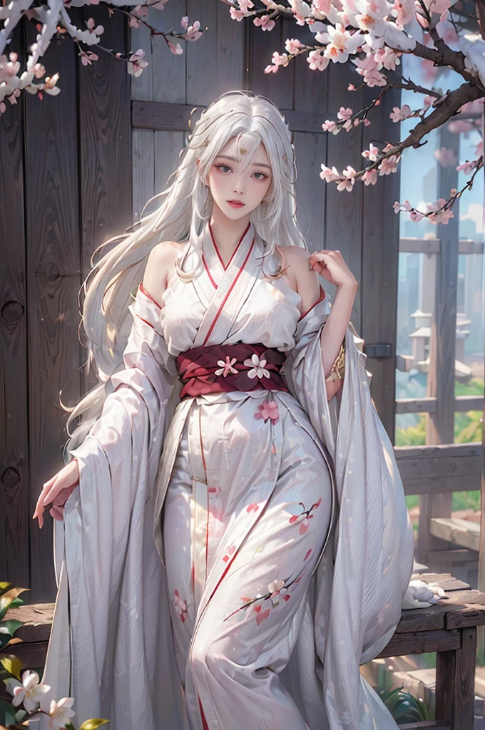 ((Hairstyled white hair:1.5))(Japan kimono with cherry blossom pattern:1.3), Symmetric, (highest quality, Photorealistic:1.4, Raw photo:1.2, Cinematic light, Highly detailed illustration), (1woman:1.3, alone), (Asian Girl, Very delicate face, Super beautiful face, Very delicate eyes, Ultra detailed nose, Very sophisticated mouth, Highly detailed facial features), woman, (Medium Bust:1.3), skin, Lip gloss, Laughter, Full Body View, High resolution, High resolution, 8k, Masterpiece 2:1, Skin Radiance, Glowing Skin, Young girl,（ Kyoto、Falling cherry blossoms）、off shoulder, shoulder blades、kimono