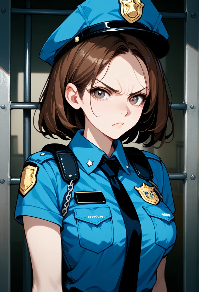 masterpiece, best quality, mature woman, mature face, bob hairstyle, brunette hair, mature face, hot face, sharp eyes, medium breasts, curvy body, hazel eyes, police outfit, looking at viewer, tough appearance, prison cell, jail cell, (looking serious), pissed off face, glaring eyes, angry expression, (chained up, restrained) 