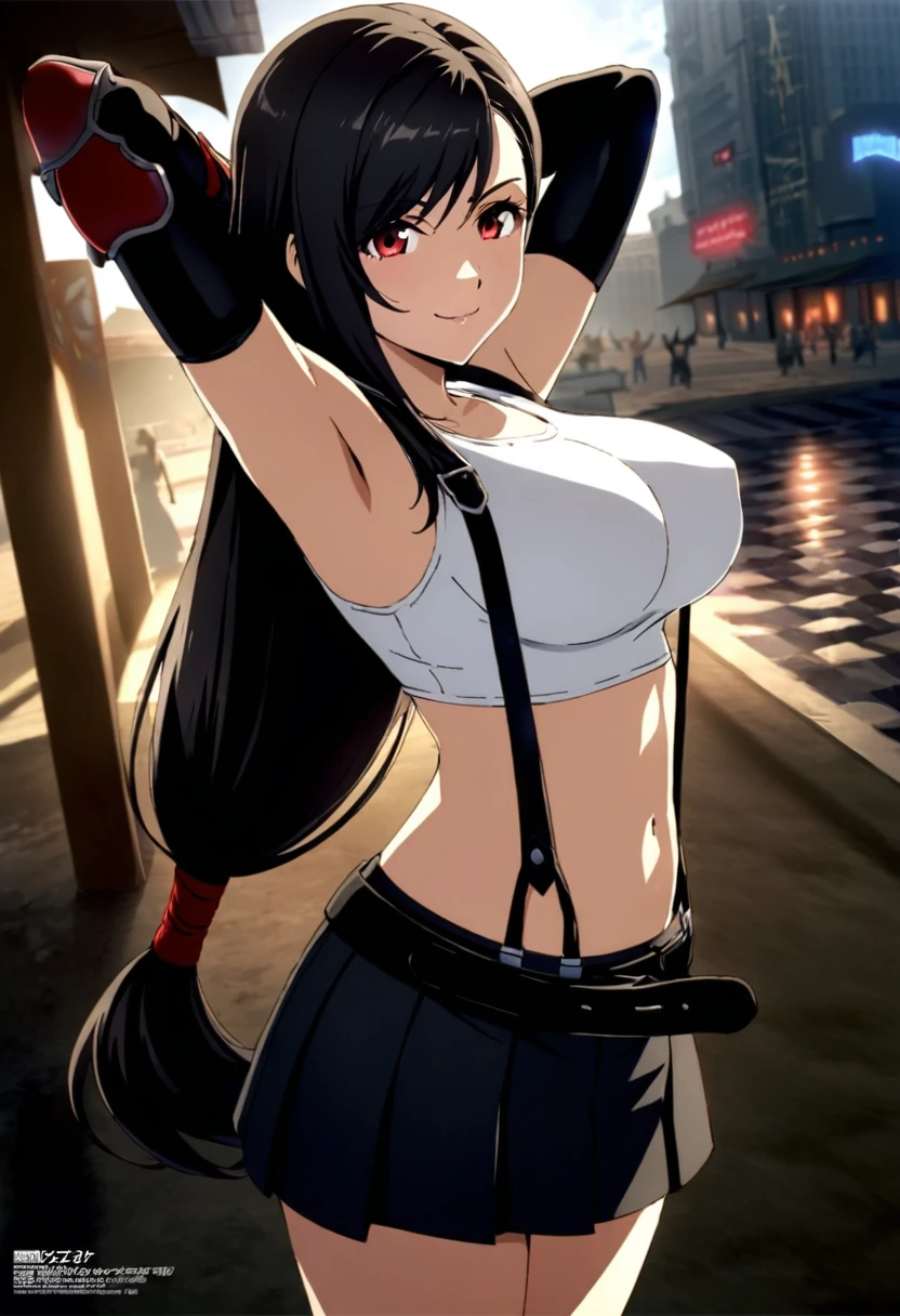 score_9, score_8_up, score_7_up, ,(from front.side_view ,soro focus,standing,,(arms up,arms behind head,),(mediumshot:1),looking_at_viewer ,1girl, tifa lockhart, final fantasy,(beautiful woman).,black hair, low-tied long hair, red eyes, bangs, white tank top, gap,belt, pleated skirt, thighhighs, elbow fingerless gloves, elbow pads, midriff, navel,suspender skirt.zettai ryouiki ,(large_breasts),(perky breasts;1,3),(light smile),,,Solo,,(daytime and beachside and city),(masterpeace),(best quality),aesthetic,very aesthetic,highly detailed,megami_magazine,professional lighting,cinematic lighting,