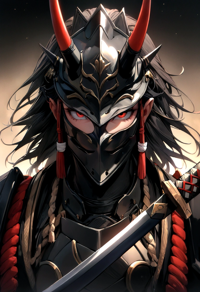 (best quality,4K,8K,high resolution,masterpiece:1.2),Extremely detailed,Practical:1.37,Samurai of the Sengoku period of Japan,Wearing full samurai armor,Black samurai mask,Holding a sharp katana,Strong feeling,Real portrait of sparkling red eyes