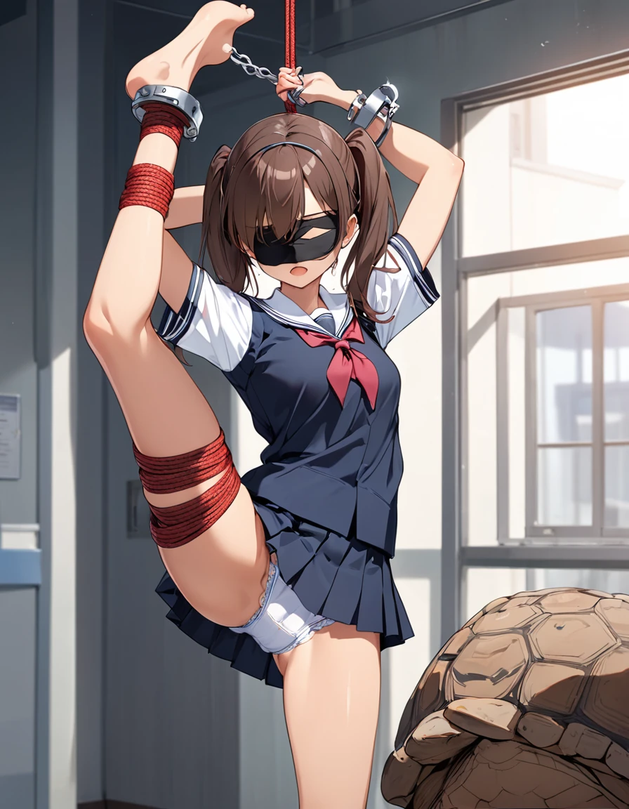 BREAK Perfect Anatomy、(High resolution:1.2)、Incredible illustrations、(Cute illustrations:1.2)、(nfsw) (cinematic angle,solo focus,) (Beautiful background(school building hallway), 1girl(brown hair,twin tails, tanned skin: 1.3) 1girl((a girl,slender 1.7meters, 45kg, (school uniform,blindfold,gag.handcuffs)(restrained,tortoise shell bondage:1.2), lingerie,breath:1.5),(standing split,arms behind head)