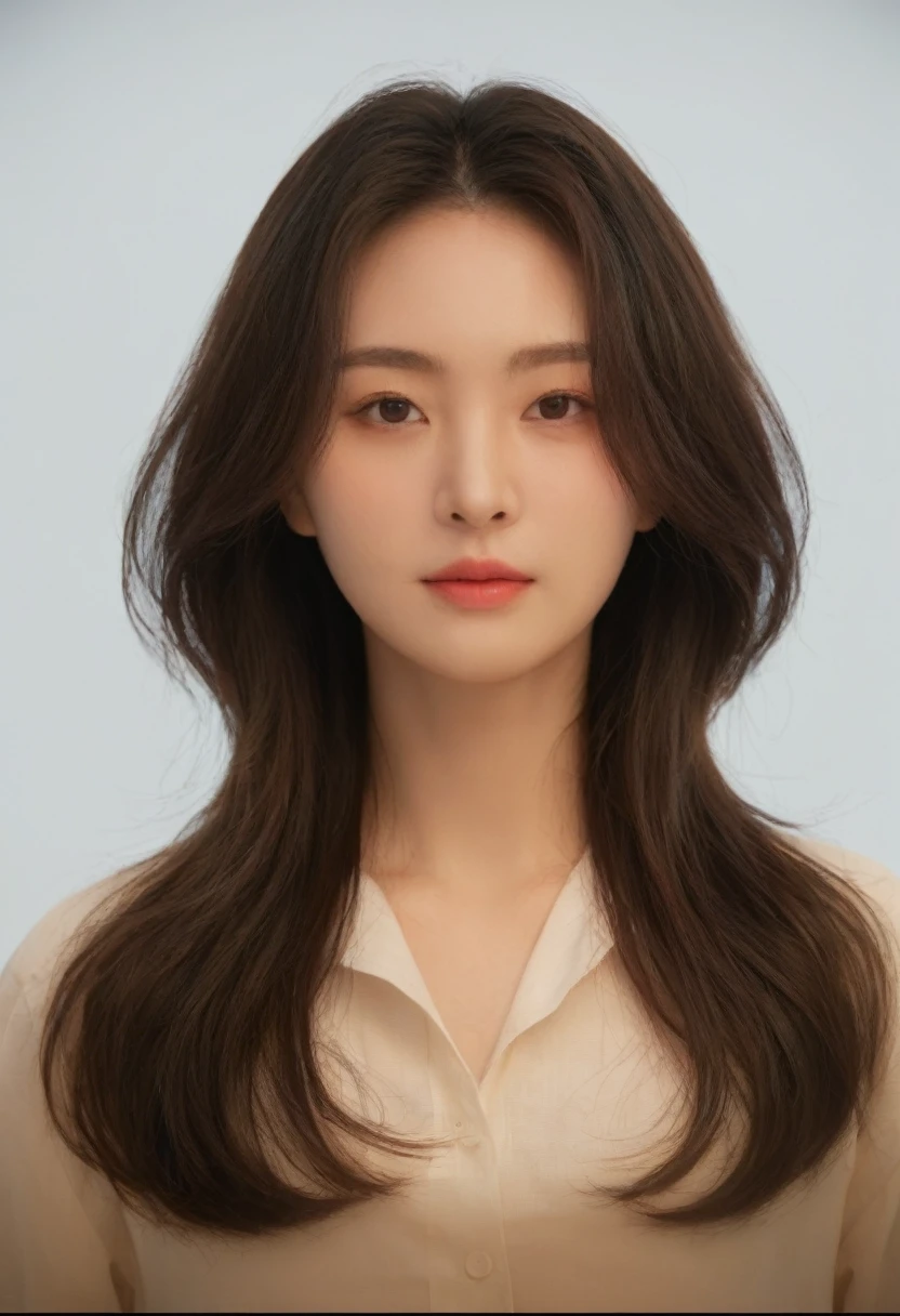 Best Quality, 8k, Masterpiece, (Portrait: 1.3), (photo realistic:1.4), (hyper realistic:1.4), Sharp Focus, looking at viewer, (smoother lighting:1.1), (increase cinematic lighting quality:0.9), realistic lighting, backlighting, light on face, ray trace, (brightening light:1.2), (Increase quality:1.4), sharp detail, (best quality real texture skin:1.4), finely detailed eyes, black_eyes, finely detailed face, 25 year old Korean woman, (white formal_shirt:1.4), (Create an image maintaining the original base model hairstyle:1.5)