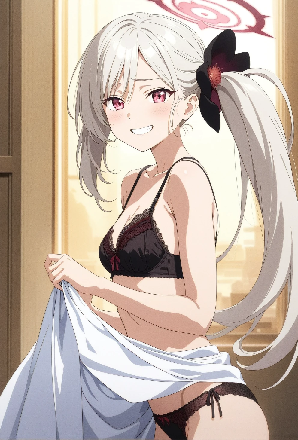 best quality, amazing quality, very aesthetic, absurdres, (1girl, mutsuki, blue archive, solo, red eyes, white hair, side ponytail), (realistic face:0.9),(lace-trimmed bra:1.8),dress lift, (grin, blush, thigh:1.3), (cowboy shot), (glistening eyes), (from side:2), (official art:1.3), (panties around one leg), expressive eyes, perfect face, extremely detailed eyes, perfect anatomy, smooth skin, (anime background:1.5), clear eyes, beautiful face, small breasts,(anime style:1.7), (Warm Light:1.5), (highres:2),
