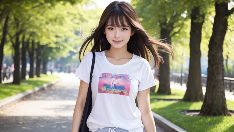 Produce the highest quality and highest resolution 8K images。Please draw the upper body of a 20 year old Japanese woman.。Please draw an image of a happy walk through the park.。She has brown eyes and a model figure.、She has an idol-level cute face.。The hair is wavy。What to wear、Short sleeve T-shirt and pants。Skin has a healthy color。
