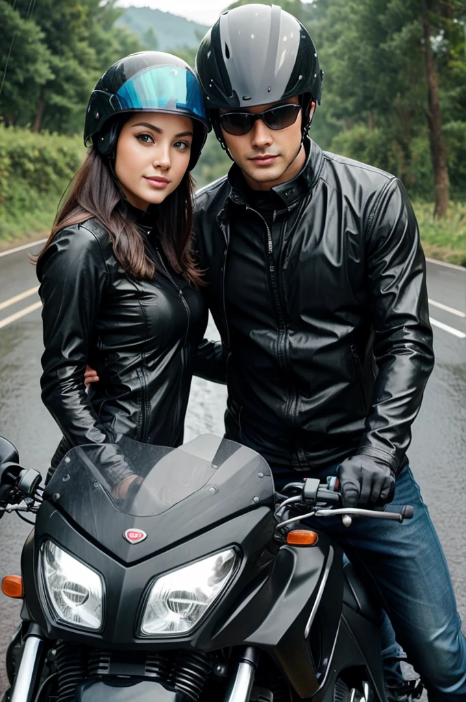 Handsome man and beautiful woman driving motorcycle,wet clothes, showing body, raining, helmet
