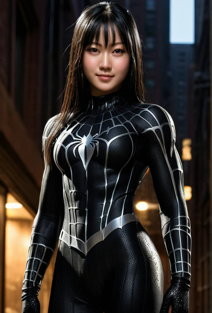 score_9, score_8_up, score_7_up, best quality, realistic, masterpiece, beautiful detail, hyperrealistic, (1girl, woman body, smile, black hair), big breasts:1, amazing detailed full body portrait of a beautiful japanese girl, defined muscle girl, wearing a realistic and highly detailed black raimi spider-man suit, ((huge muscular girl)), professional model wears ultra - detailed black raimi spider - man suit, ultra - detailed and grained black raimi spiderman suit, suit covered entire body and hand, black spiderman gloves, wet, (looking at camera), (full body), (dirty skin), close up, octane render, highly detailed, volumetric, dramatic lighting, (highest quality:1.1), (HDR:1.3), (top quality, best quality), realistic, high definition,
