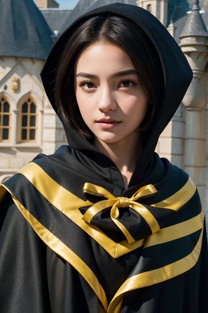 best quality, 8k, very delicate and beautiful, highly detailed face and skin texture, shiny skin, high resolution, cute short hair teenage girl wearing black cloak and yellow stripes stand in front of castle, hufflepuff, sharp focus