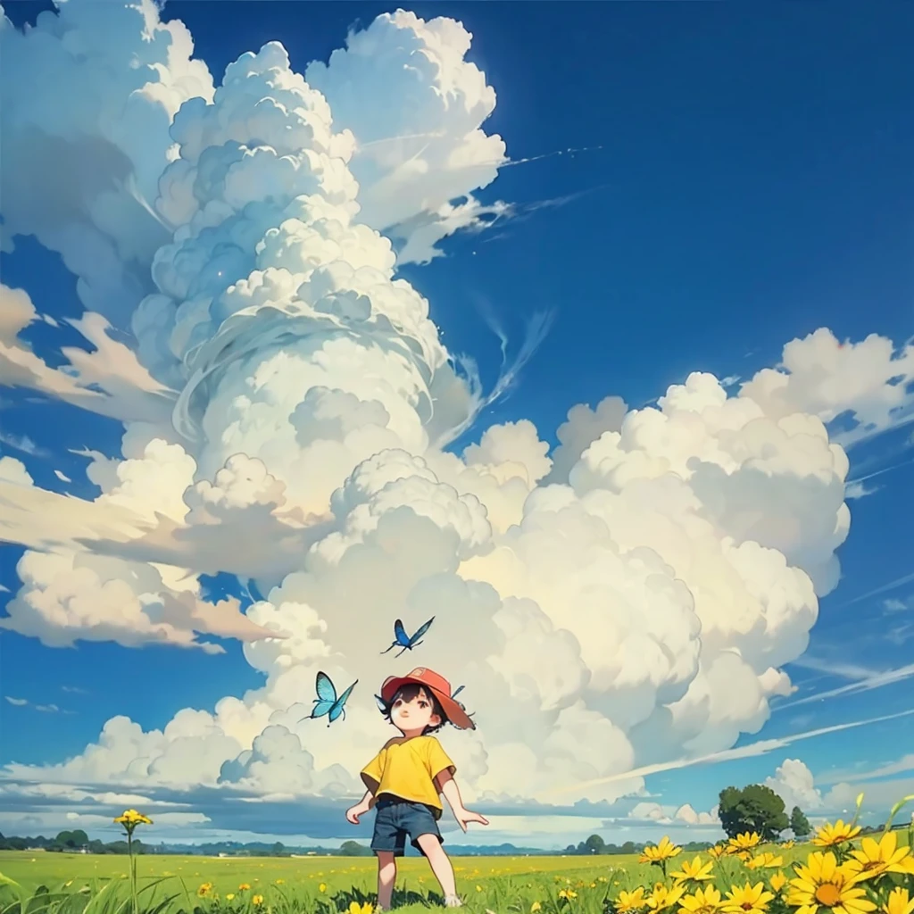 Summer blue sky、　Cumulonimbus、Green Field、Boy with a butterfly net