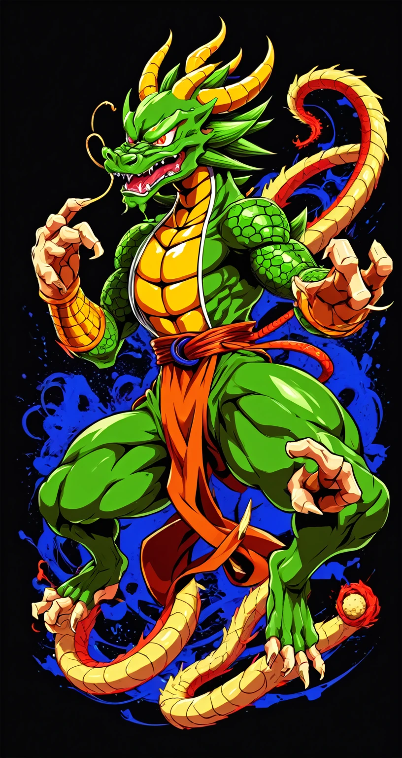 Shenron style fighting game, Hip-Hop Style, t shirt design, flat-colors, vectorial art,  ((black backdrop)) . dynamic, Vibrant, full of action, detailed character design, reminiscent of fighting video games