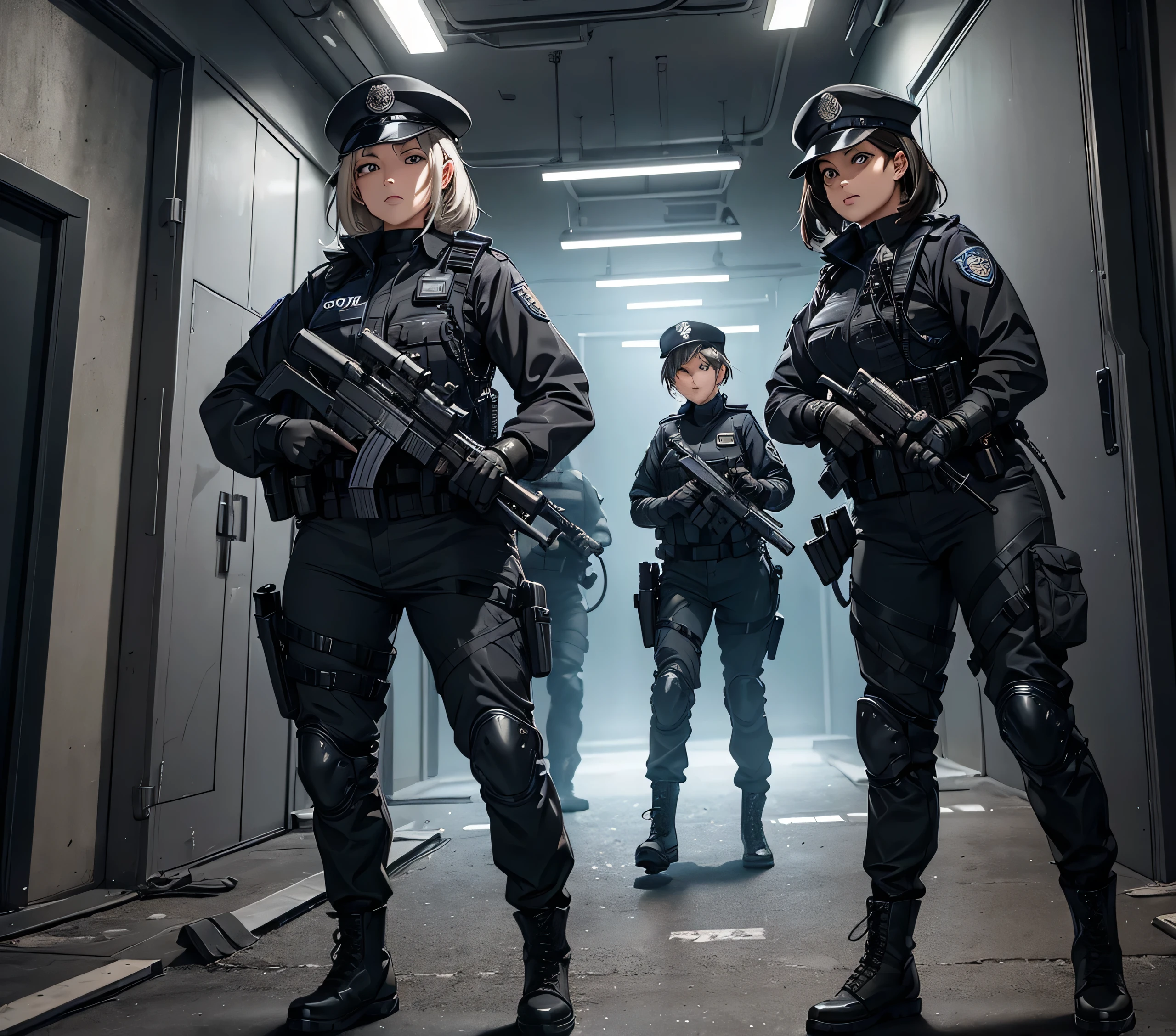 a group of female police officers in riot gear, guarding an underground bunker, wearing dark grey police uniforms, military pants, combat boots, gloves, highly detailed information, masterpiece, best quality, extremely detailed CG, 8K