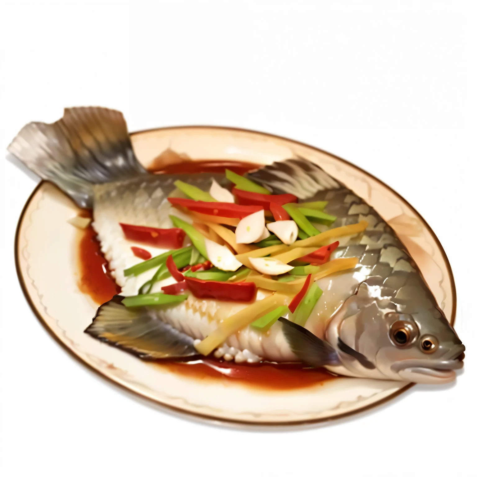 there is a fish that is sitting on a plate with sauce, fish, half fish, Chinese, User Photos, ( Surreal, Digital Rendering, plate, tasty, Dinner is ready, hua cheng, Stuffed, ( Surreal ), Surreal的食物图片, [ Realistic photos ]!!, illustration:.4, Sichuan, fish made of pancake, ancient fish, photo