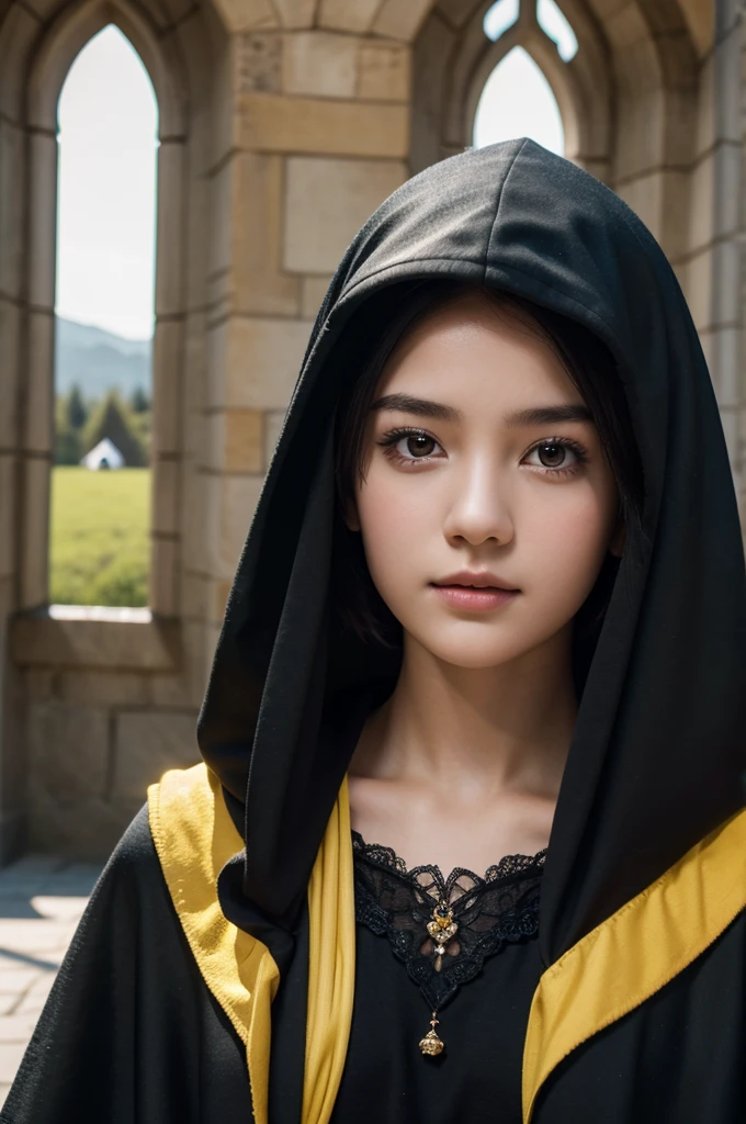 best quality, 8k, very delicate and beautiful, highly detailed face and skin texture, shiny skin, high resolution, cute short hair age girl wearing black cloak and yellow stripes stand in front of castle, hufflepuff, sharp focus
