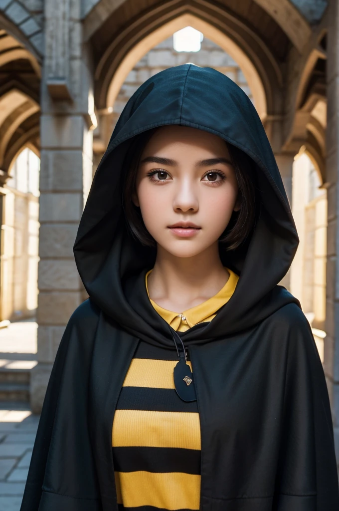 best quality, 8k, very delicate and beautiful, highly detailed face and skin texture, shiny skin, high resolution, cute short hair teenage girl wearing black cloak and yellow stripes stand in front of castle, hufflepuff, sharp focus
