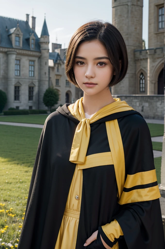 best quality, 8k, very delicate and beautiful, highly detailed face and skin texture, shiny skin, high resolution, cute short hair teenage girl wearing black cloak and yellow stripes stand in front of castle, hufflepuff, sharp focus
