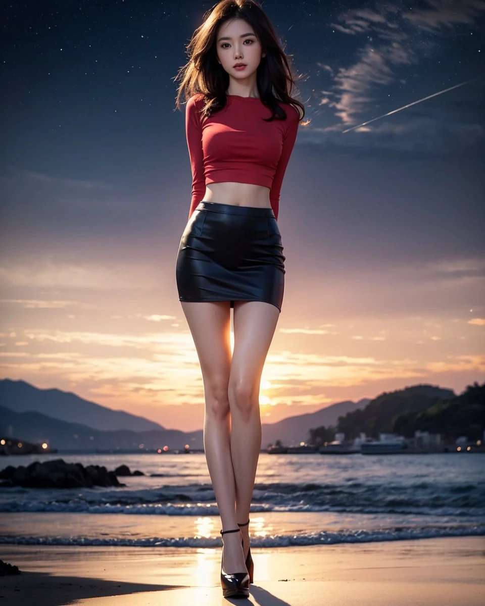 Beautiful Japanese waifu, early 30s, brunette hair, cropped top, pencil skirt, high heels, seaside sunset 