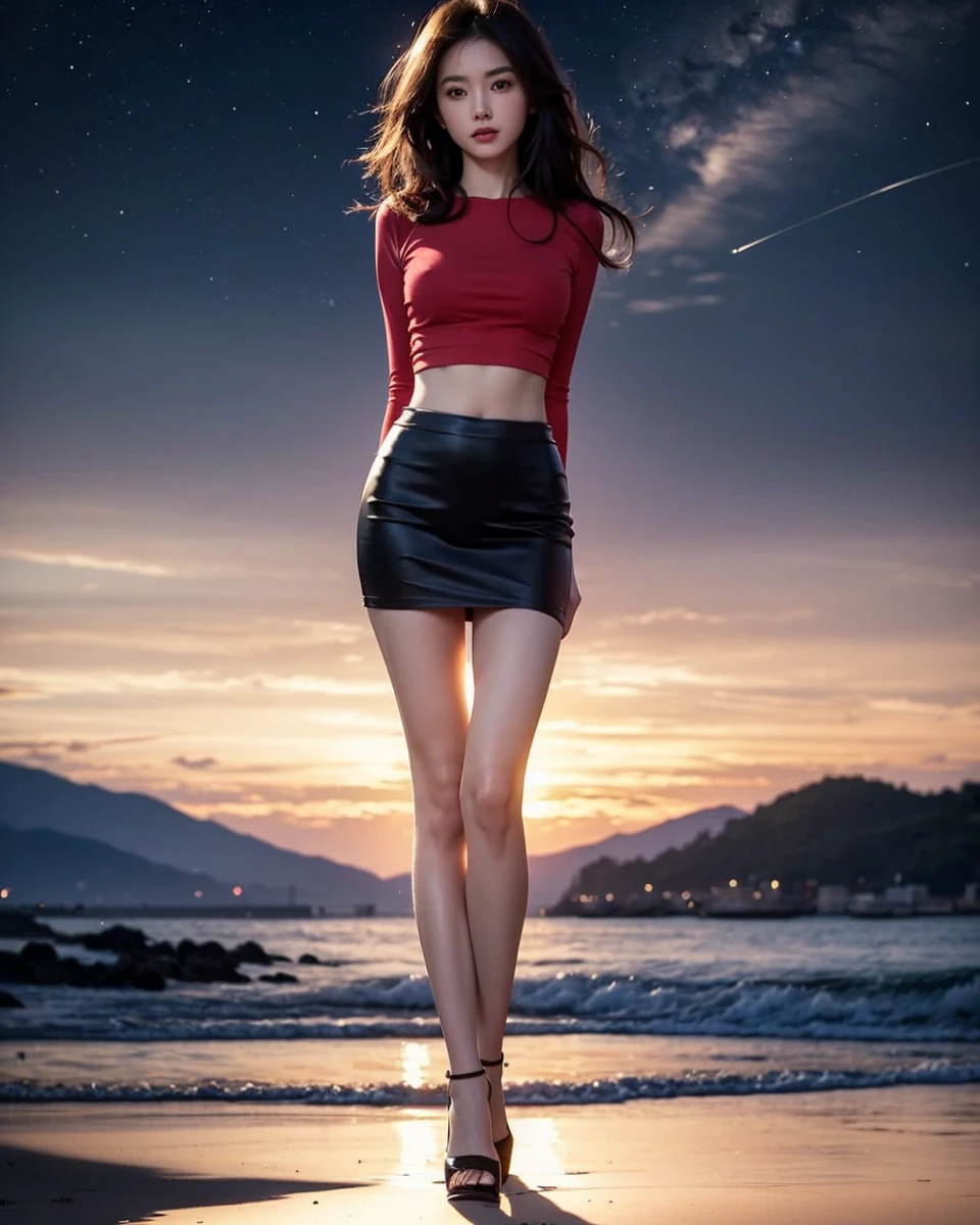 Beautiful Japanese waifu, early 30s, brunette hair, cropped top, pencil skirt, high heels, seaside sunset