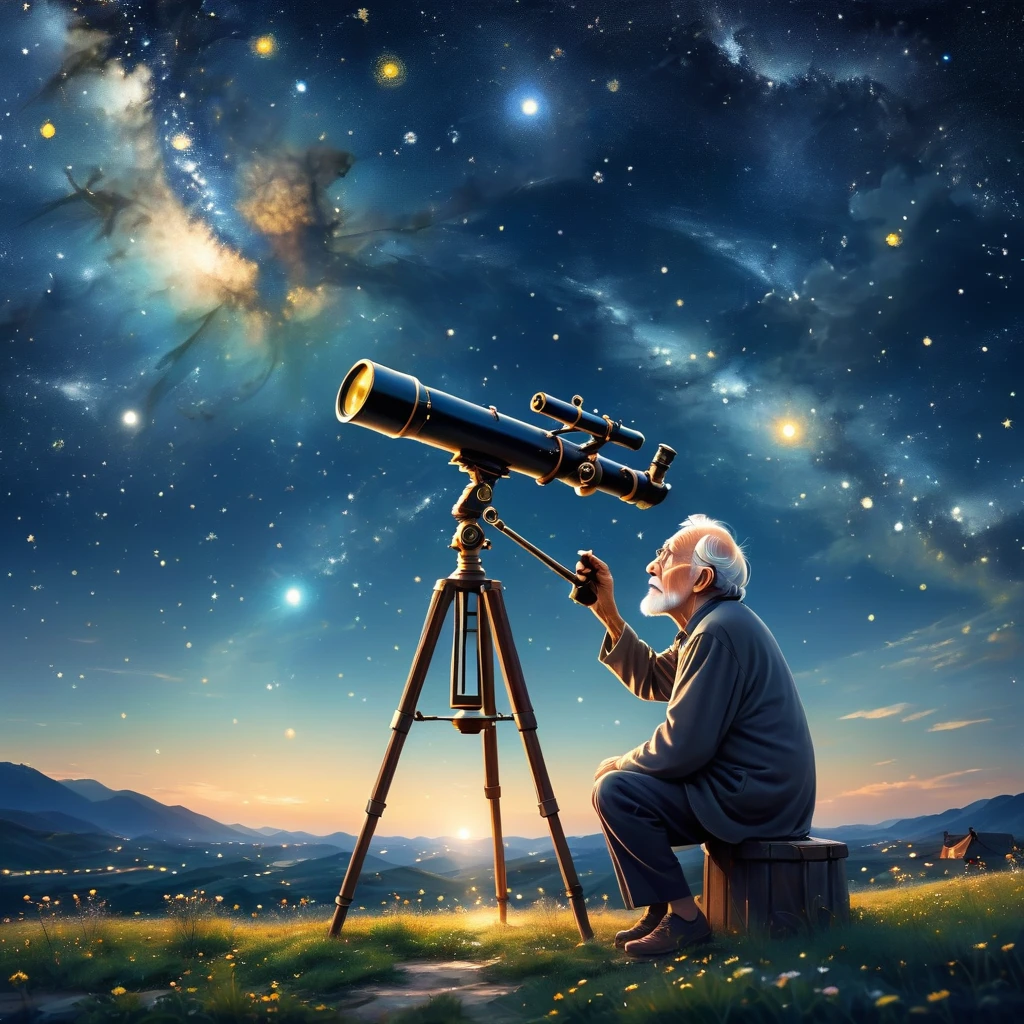 The old man is looking at the starry sky with a telescope（（（masterpiece）））， （（best quality））