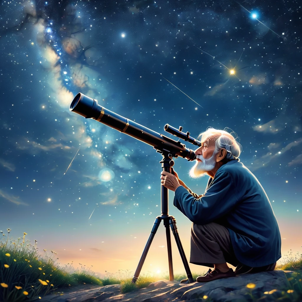 The old man is looking at the starry sky with a telescope（（（masterpiece）））， （（best quality））