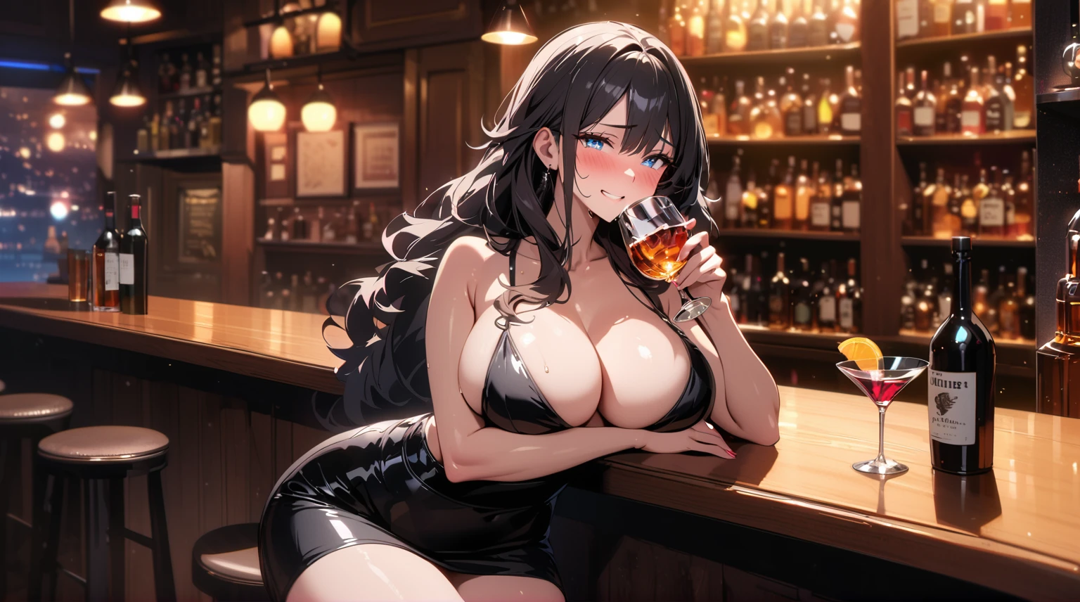 （best quality, 4k, high resolution, Masterpiece: 1.2, extremely detailed), sad expression looking at camera, big breasts, 40 year old girl, solo, brunette, fluffy long hair, blue eyes, (drunk, blushing), (sitting, drinking), ((mature sexy body)), black stockings, black off-shoulder dress, holding a glass, counter, bar, (fashionable bar) interior, ((cocktail glass) filled with colorful liquor), (dimly lit room), wine bottle, detailed background, (((night background)))), (((in the bar))), wine, whiskey, highball, (shiny light, effects: 1.2)