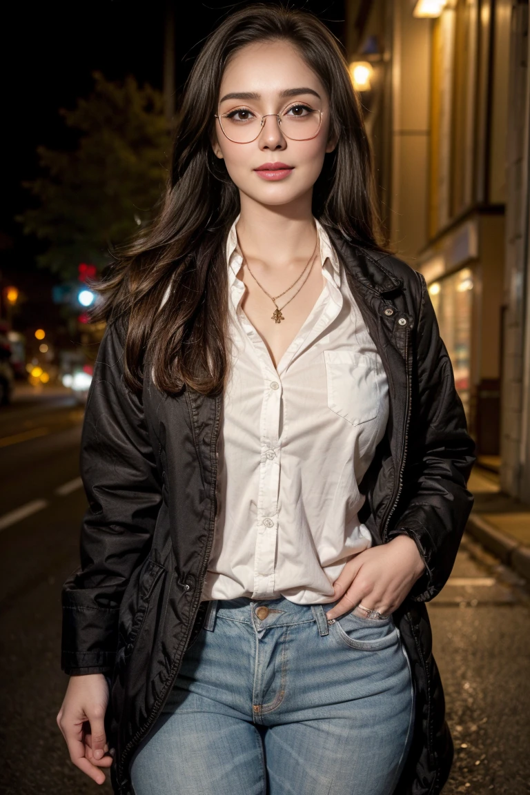 1girl chubby, long hair, looking at viewer, smile, black collar jacket, very thin white shirt seeing silhouette of her large breast, black hair, navel, white tube, brown eyes, large jewelry, standing, glasses, unbutton pants, large necklace, mole, multiple views, buttons, ring, denim, large black-framed eyewear, mole on breast, jeans, realistic, background at the night with city light