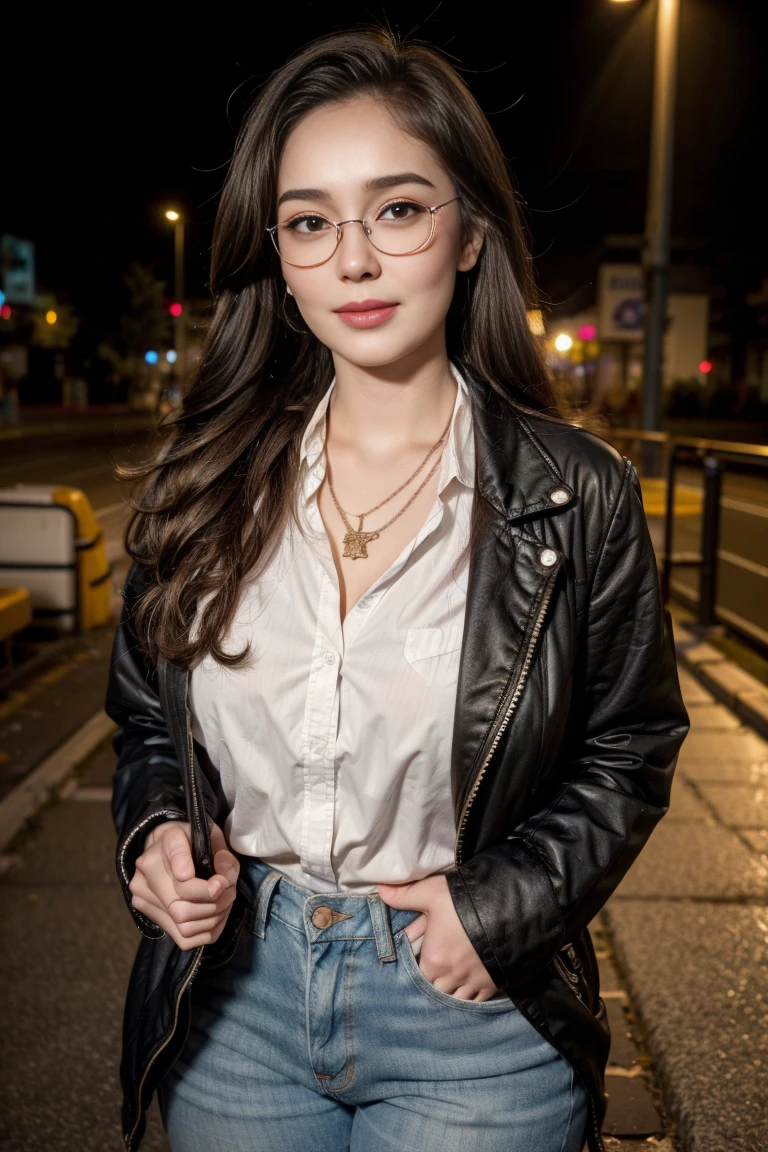 1girl chubby, long hair, looking at viewer, smile, black collar jacket, very thin white shirt seeing silhouette of her large breast, black hair, navel, white tube, brown eyes, large jewelry, standing, glasses, unbutton pants, large necklace, mole, multiple views, buttons, ring, denim, large black-framed eyewear, mole on breast, jeans, realistic, background at the night with city light