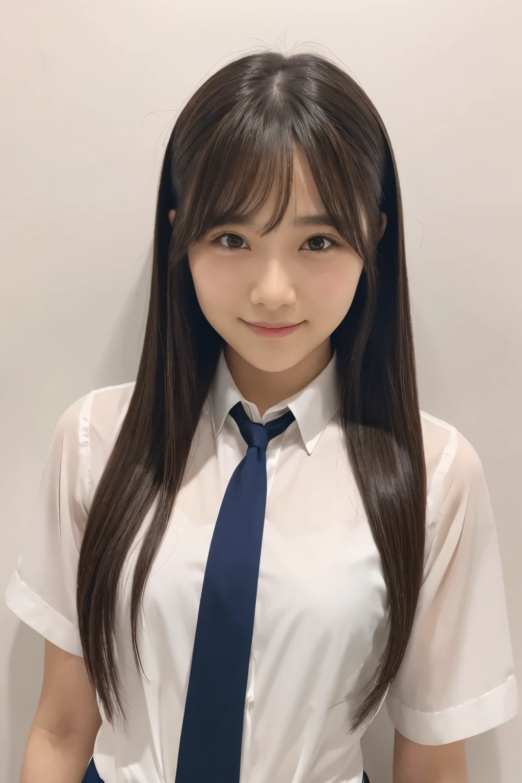 (A photo of your face:1.25), 13 years old, One Japanese woman, beautiful girl, Pretty face, (View your audience), (Standing facing the camera), (smile)、(Pure white background:1.2)、White shirt、Navy blue tie
