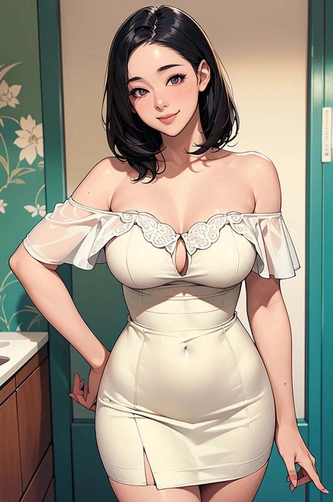 masterpiece,ultra detailed,1woman,off-the -shoulder short summer blouse,pattern skirt,standing,at tokyo,curvy body,medium straight hair,cute japanese gravure idol,black hair,(tareme),happy smile,oval face,make up,