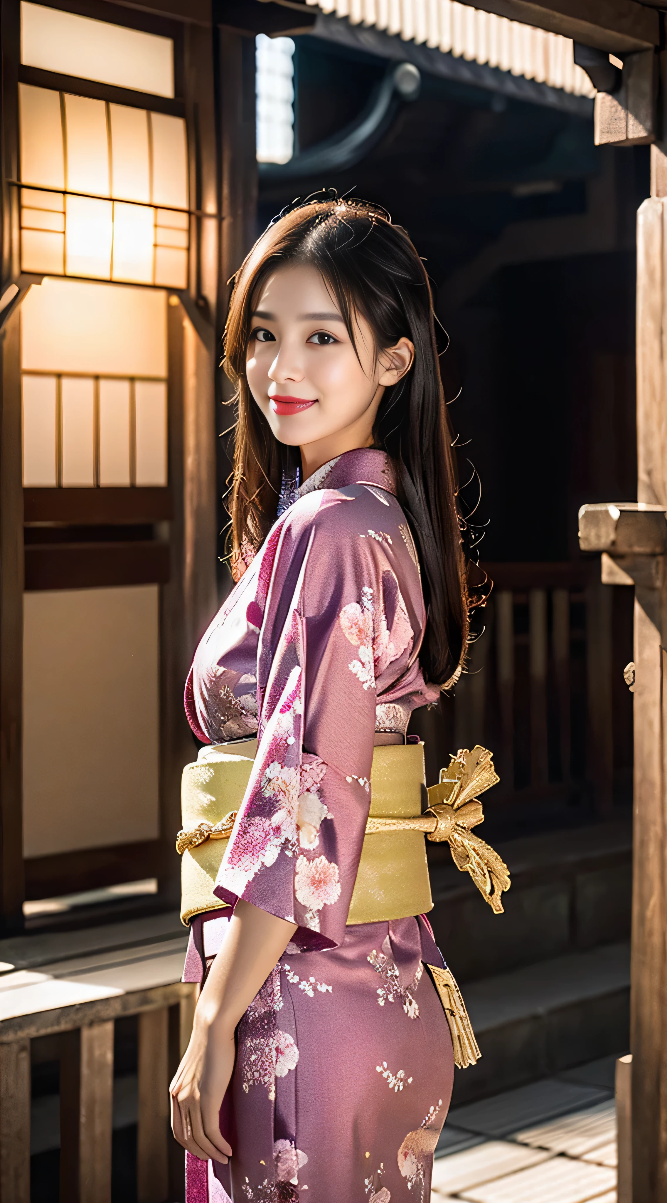 (Pink kimono:1.2)、(Kyo-Yuzen:1.2)、(Floral pattern in Japanese style:1.0)、(furisode:1.5)、(Japanese traditional classic pattern:1.2)、or、(top grade)、One woman、、full body Esbian、A darK-haired、(reallistic:1.7)、((Top image quality))、absurderes、(超A high resolution)、(Photorealsitic:1.6)、Photorealsitic、octane renderings、(hyper realisitic:1.2)、(photorealiscic face:1.2)、(8K)、(4K)、(​masterpiece)、(realistic skin textures)、(illustratio、Cinematographic lighting、wall-paper)、(beautidful eyes:1.2)、((((face perfect))))、(Cute face like an idol:1.2)、(is standing)、red-lips、outside of house、shrines、tori ready、(1 moon)、Detailed cute face、Realistic Beauty、A smile、