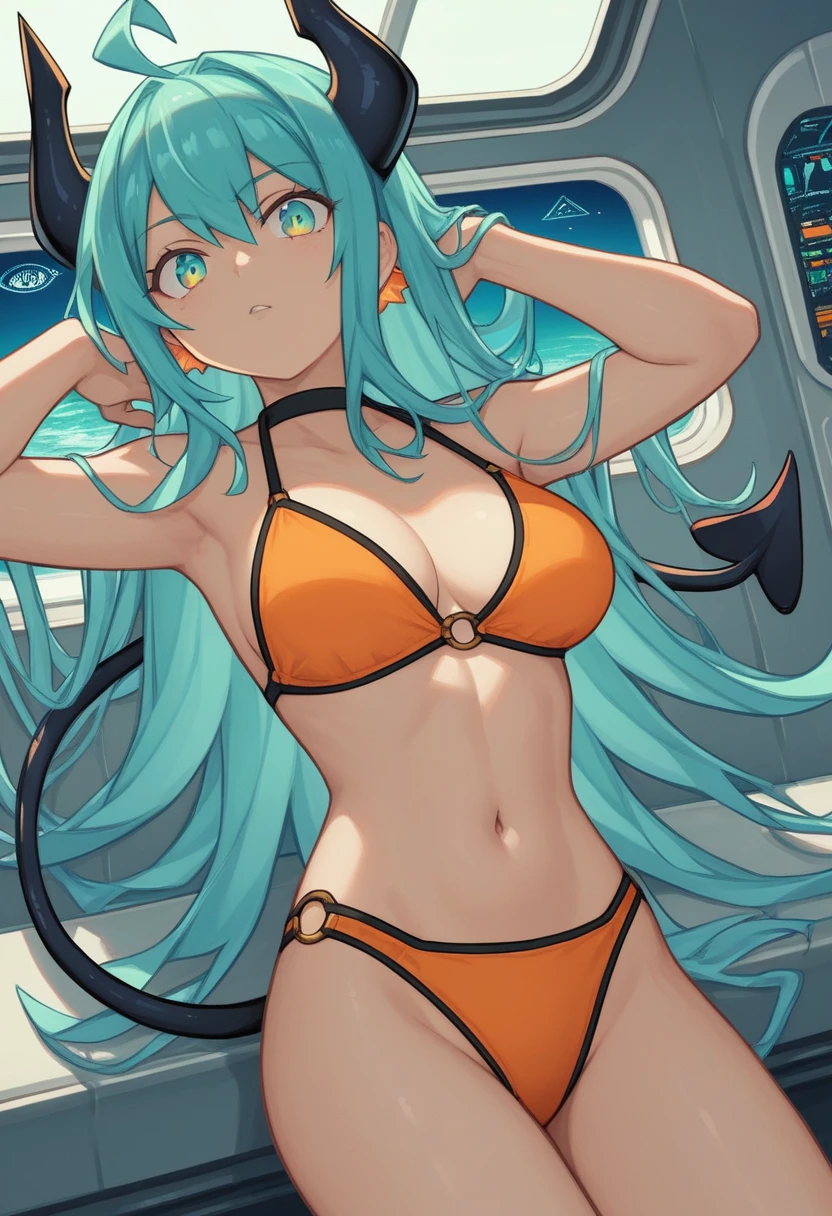 score_9, score_8_up, score_7_up,1 daemon woman, black horns, black demon tail, (aquamarine hair),aquamarine green color hair,ahoge, long hair, (long hair),bangs, light orange bikini, bikini is orange, bikini orange, orange bikini!, (aquamarine eyes), background is spaceship, aquamarine eyes, 1woman ,facing viewer, daemon girl, close up,Well-endowed, alone, Spacecraft interior, sexy pose