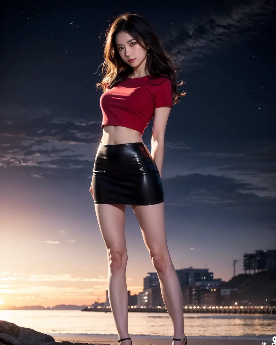 Beautiful Japanese waifu, early 30s, brunette hair, cropped top, pencil skirt, high heels, seaside sunset 