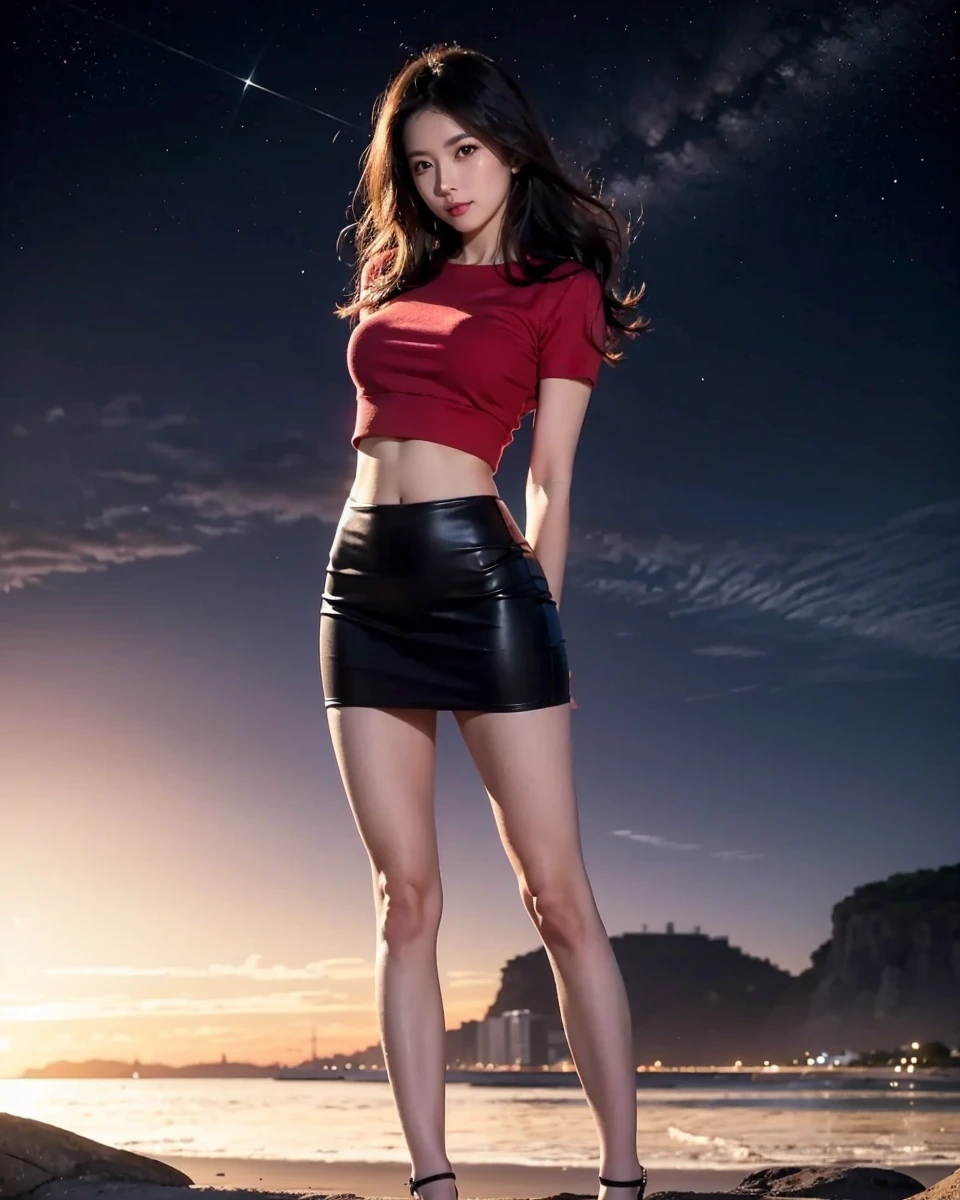 Beautiful Japanese waifu, early 30s, brunette hair, cropped top, pencil skirt, high heels, seaside sunset