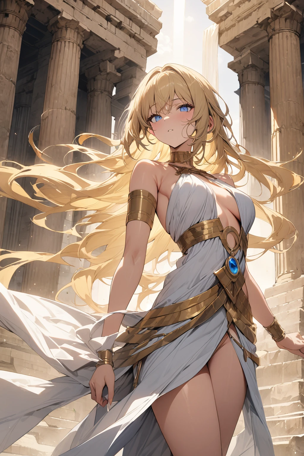 masterpiece, best quality, ultra detailed,
beautiful woman, blue eyes, blonde hair, greek goddess attire,
ancient temple, divine aura