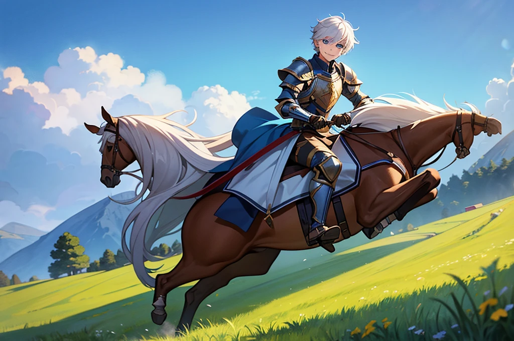 Young boy, solo, white hair, blue eyes, mercenary armor, gently smiling, riding horse, grass fields background, fantasy, masterpiece, pov, portrait