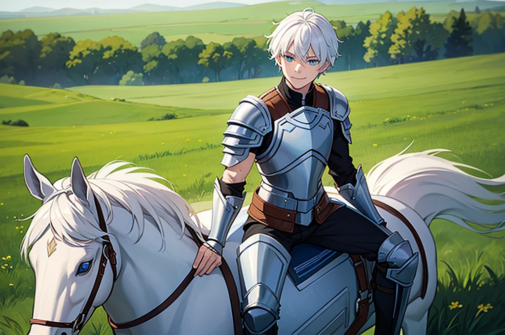 Young boy, solo, white hair, blue eyes, mercenary armor, gently smiling, riding horse, grass fields background, fantasy, masterpiece, pov, portrait