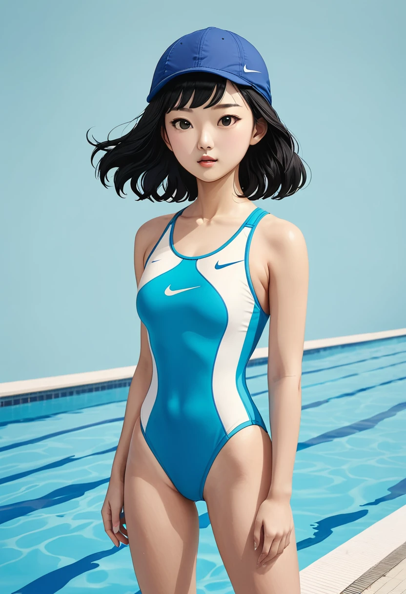 1 girl, young, 16 year old, Asian girl, full body from head to toe, realistic, realistic face, realistic eyes, worried, looks over her shoulder, side lighting, wallpaper, looks at viewer, enchanted forest in the background, cut out in front of a one-piece swimsuit, stream in the background, outside,