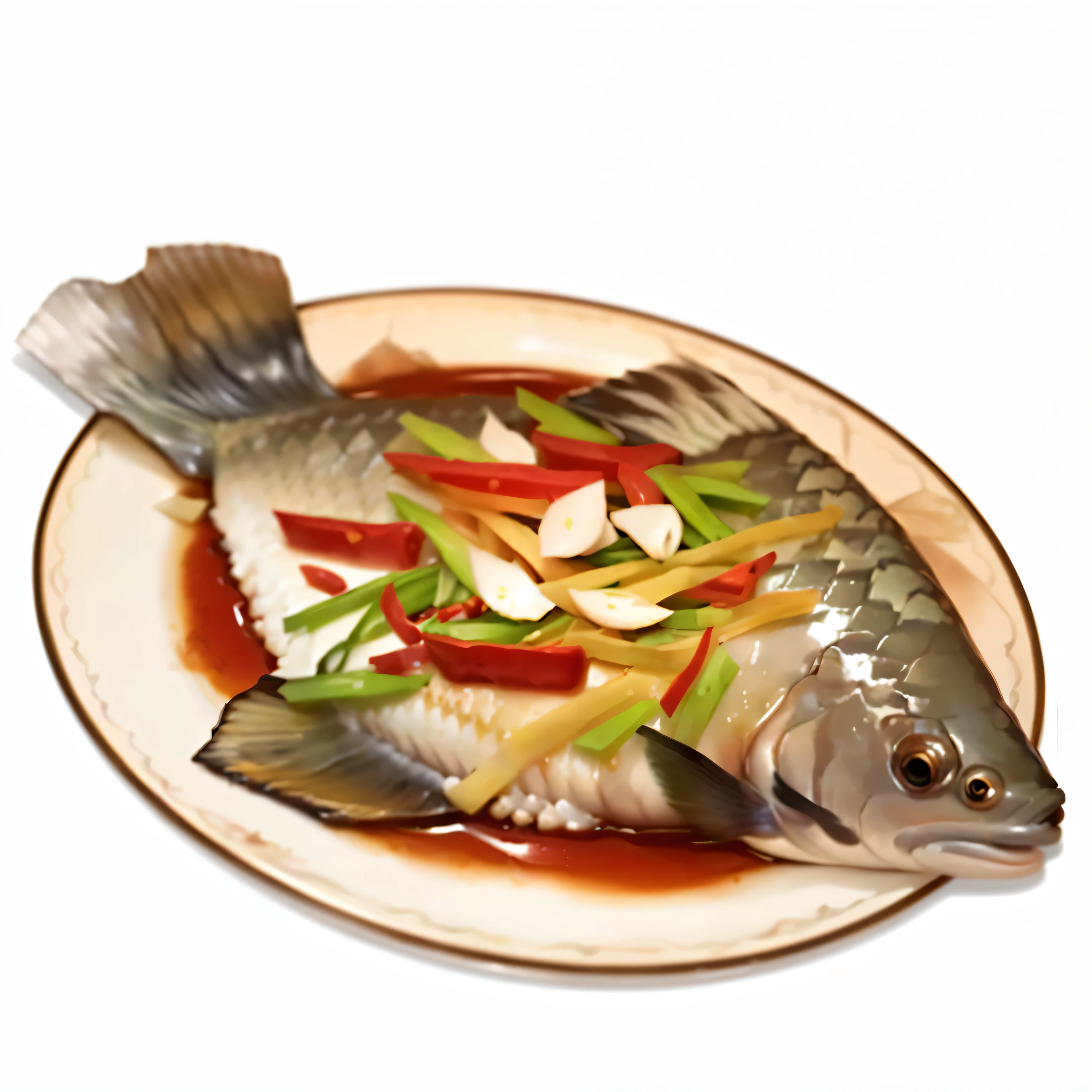 there is a fish that is sitting on a plate with sauce, fish, half fish, Chinese, User Photos, ( surreal, Digital Rendering, plate, tasty, Dinner is ready, hua cheng, Stuffed, ( surreal ), surreal的食物图片, [ Realistic photos ]!!, illustration:.4, sichuan, fish made of pancake, ancient fish, photo