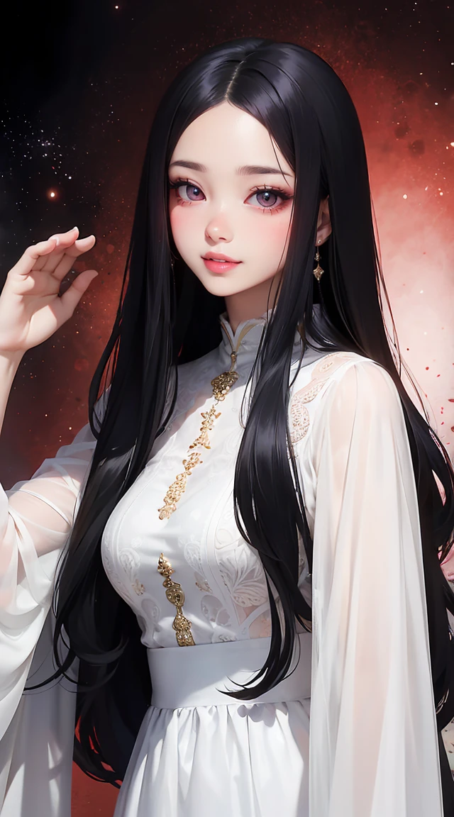 A woman in a white dress、Woman with long black hair poses for a photo, fanbingbing, li bingbing, Zhang Jingna, li zixin, Dilraba Dilmurat, Ruan Jiamei!, lu ji, lulu chen, xintong chen, Inspired by Zhou Wenjing, wenfei ye, Huang Shiwen, Xue Han