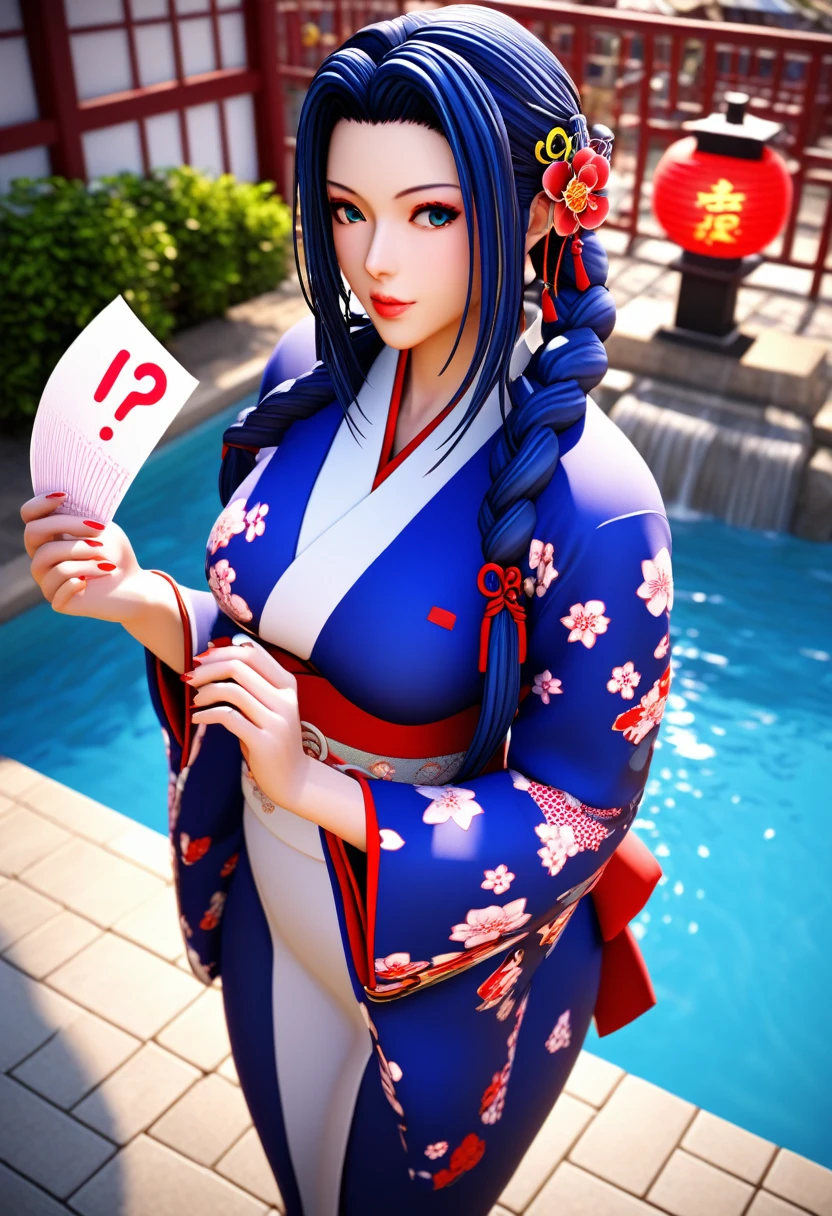 punctuation_9, punctuation_8_High above, punctuation_7_High above, fountain_アニメ,1 girl, standing alone, long hair, breastsout, gazing at viewer, large breastsout, don, hair blue, standing, braid, thicc thighs, Japanese clothing, kimono, glaze, lips, range, natta, colored fur, looking to the down, short don, flower print, from low, red don, red nails, blue fur, paper lantern
