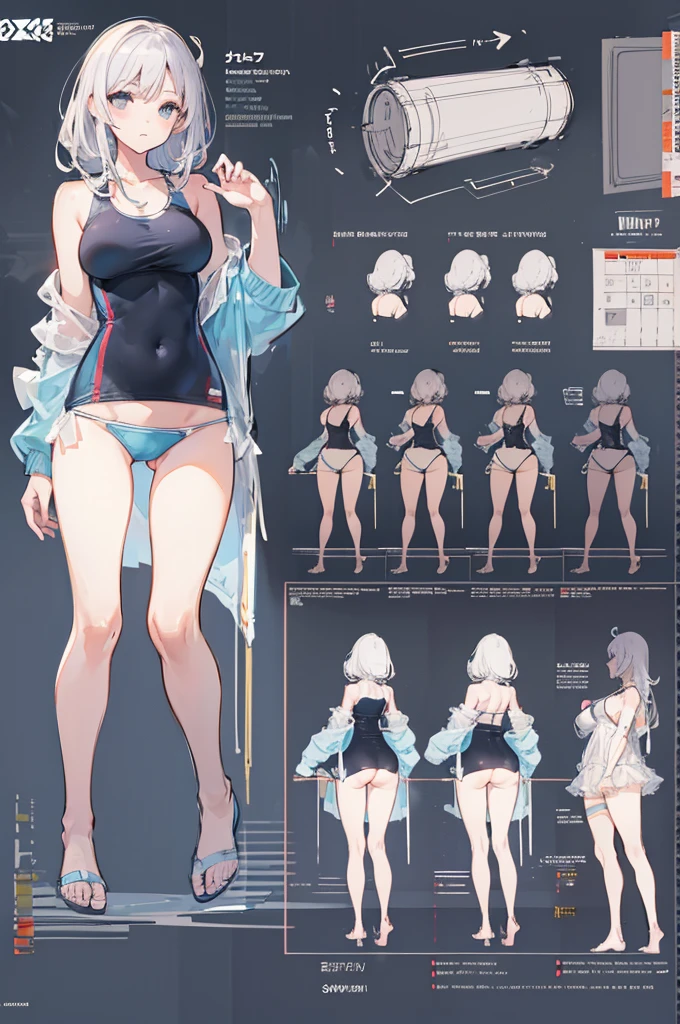swimsuit, multiple views, pencil sketch, (sketch:1.25), best quality, Line draft, highres, (ultra-detailed:1.1), (illustration:1.1), (infographic:1.2), (solo), perfectly drawn hands, standing, cohesive background, paper, action, (character design:1.1),