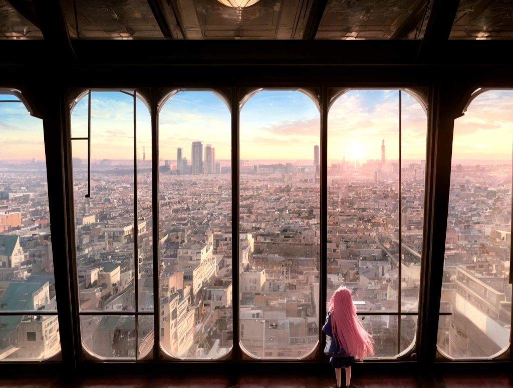 Absurd, High resolution, (Official Art, beautifully、aesthetic:1.2), Bright Sky, A vast world, girl, Looking out from the window, Awe-inspiring expressions, light pink long hair, Lo-fi Girl, Kaisei and Artgelm, Anime atmosphere, Lofi Artstyle, Anime Style 4k, Anime Aesthetics, Lo-fi feeling, Lofi Art, anime art wallpaper 4k, An atmosphere of praise, Rooms with large windows, Emotional cityscape