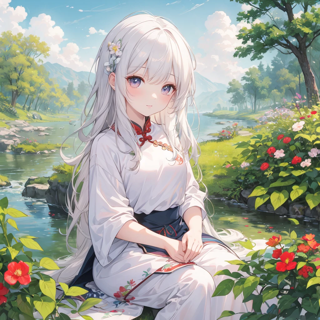 (best quality), masterpiece, Extremely detailed CG8K painting, high color, Extremely high color saturation, All colors are deepened, central composition, Extremely detailed light and shadow, The face and eyes are very detailed, medium length hair, sportswear, colorful clouds,beautiful nature,white hair,Chinese mother,cute,loli,cheongsam,Han nationality,