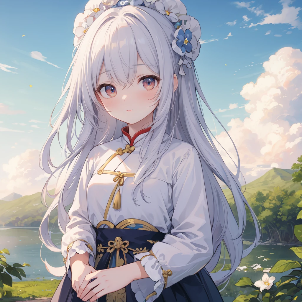 (best quality), masterpiece, Extremely detailed CG8K painting, high color, Extremely high color saturation, All colors are deepened, central composition, Extremely detailed light and shadow, The face and eyes are very detailed, medium length hair, sportswear, colorful clouds，beautiful nature，white hair，Chinese mother，cute，loli，cheongsam，Han nationality，