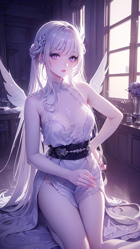 Name: Hikari no Tenshi
Element: STELLARA
Description: A radiant celestial being, guardian of the heavens. With cascading silver hair and milky white skin, she embodies purity and grace. Her wings of starlight gleam, granting her the power to heal and protect.
Prompt: ((((Bijutsu-shi, Kimi ga Suki, 1200K, ultrahigh resolution)))), 1girl, serene, sitting, (long, silver hair, side parting), ((white skin, pale complexion)), ((violet eyes, shimmering with starlight)), (((ultra detailed eyes:0.8, beautiful and detailed face, detailed eyes:0.9))), ((three-quarter view, waist-up)), facing left, (((indoor, temple, daylight, clouds in background:0.9))), (chestnut braids), leaning forward, ((expressive, loving gaze)), ((perfectly manicured hands, elbows resting on knees)), ((hands on hips, wingtips half-concealed)), ((shimmering aura, silver wings)), lively expression, soft focus, warm lighting, indoor, temple, background, ((defined subject)), 21 years old, ((winged figure)), (((ethereal))), ((calm)), (((high contrast, soft edges)))