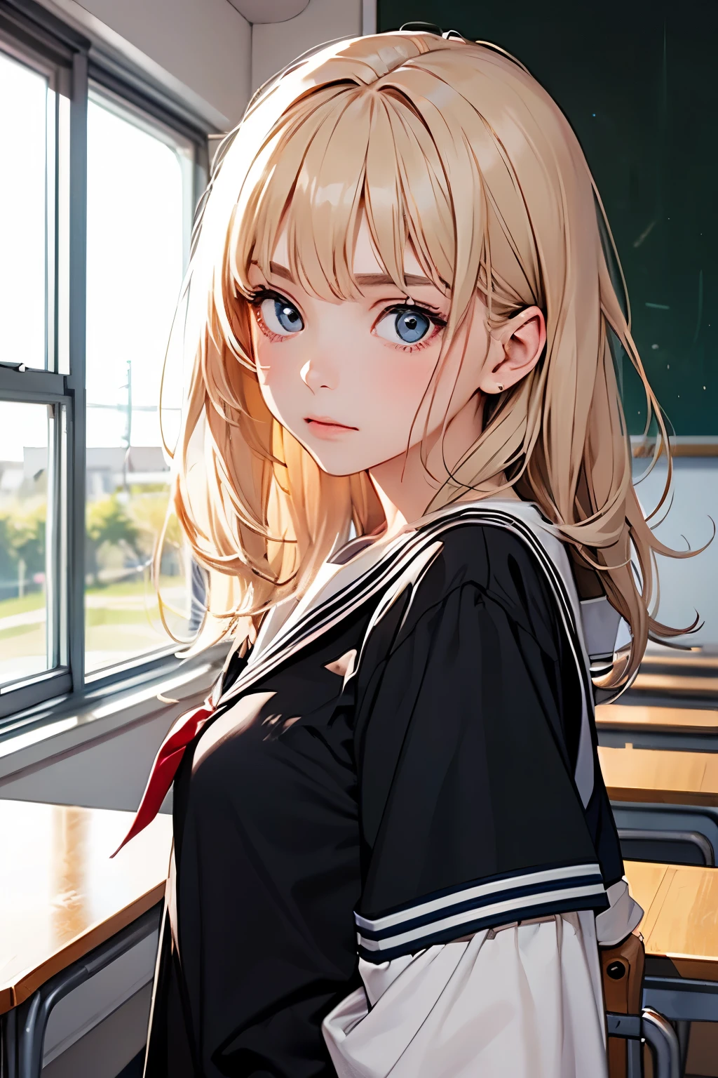 Beautiful girl, sailor suit, classroom, looking at viewer, sidelong glance, anxious