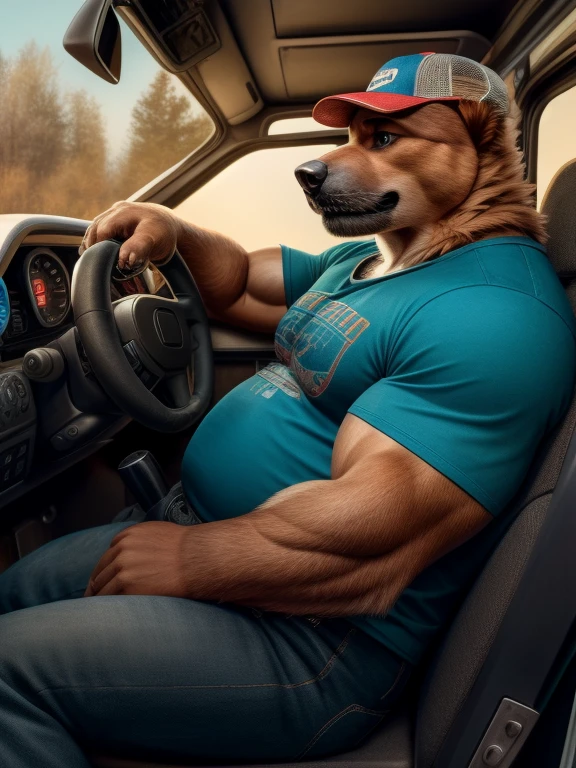 Solo, male, dog, muscular, chubby, trucker, in truck, drivers seat, t-shirt, hat, looking at viewer, upper body